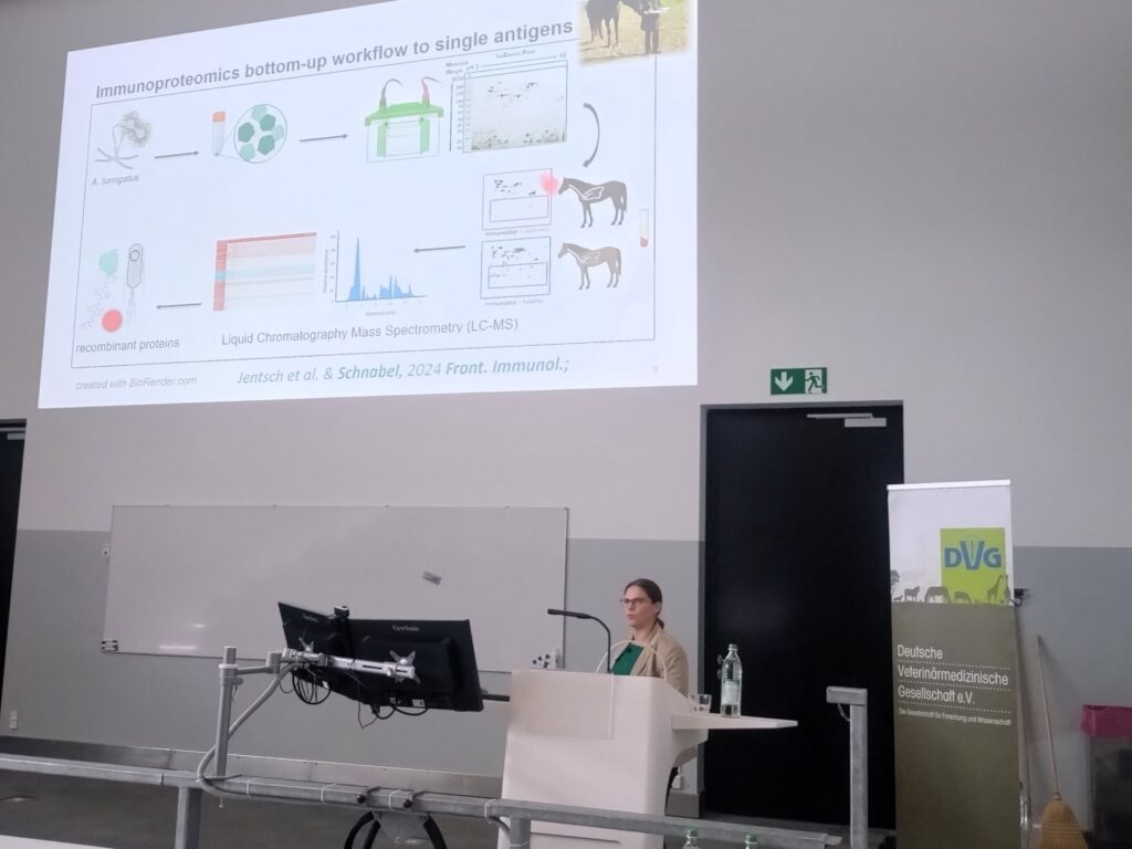 Foto: Die Leipziger Immunologin Dr. Christiane Schnabel steht am Rednerpult. Hinter ihr leuchtet ihre Bildschirmpräsentation über Asthma bei Pferden an der Wand.