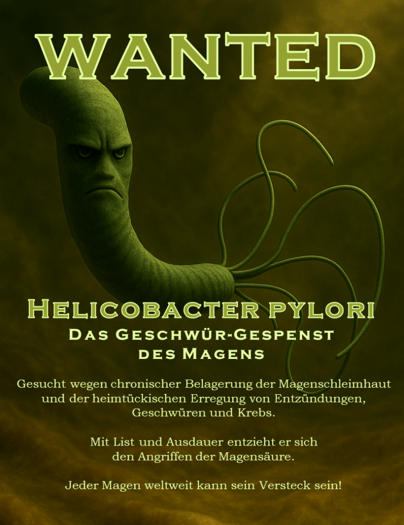 Poster: Wanted: Helicobacter pylori, das Geschwür-Gespenst des Magens. Gesucht wegen chronischer Belagerung der Magenschleimhaut und der heimtückischen Erregung von Entzündungen, Geschwüren und Krebs. Mit List und Ausdauer entzieht er sich den Angriffen der Magensäure. Jeder Magen weltweit kann sein Versteck sein!